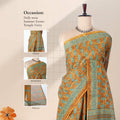 Brown voile cotton saree with floral vine butta print and ornamental border, front drape mannequin view