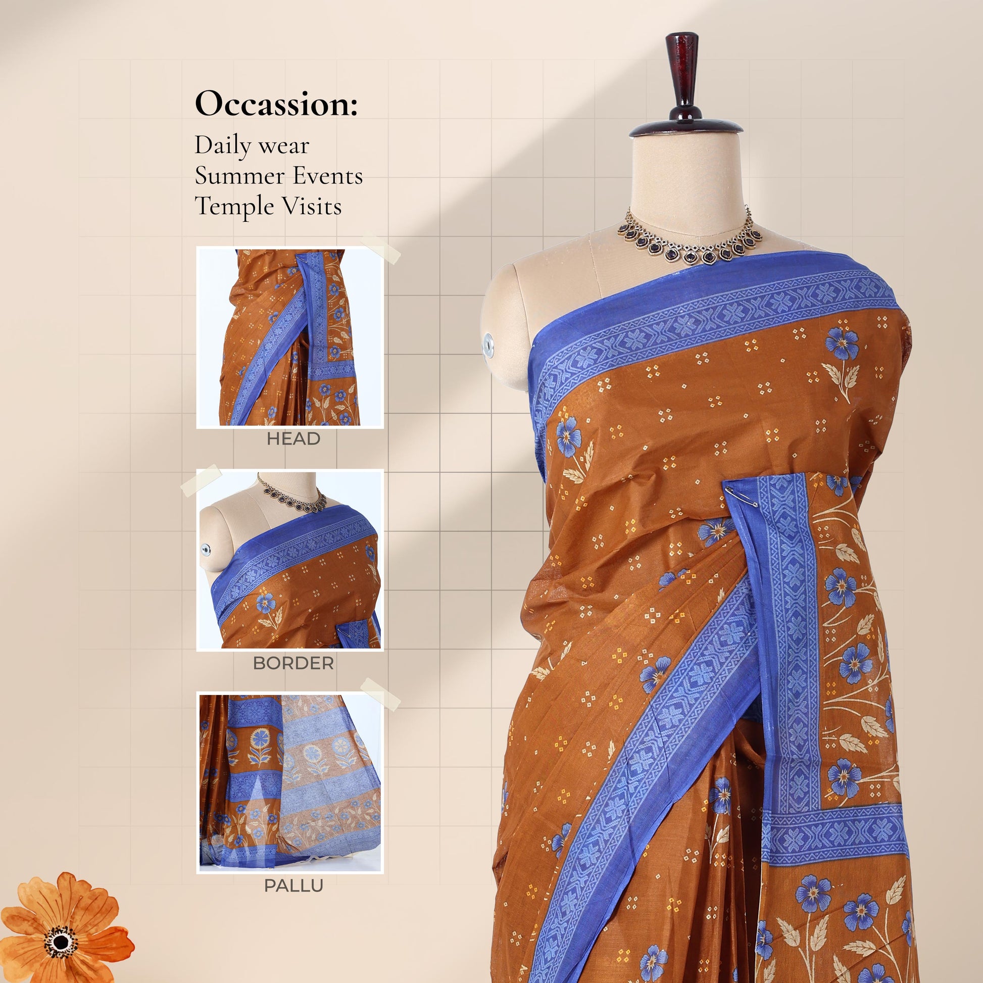 Voile cotton saree with floral motifs brown body and blue woven border front drape view on mannequin