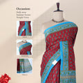 Voile cotton saree with floral motif print and contrast floral border in maroon front draped mannequin view
