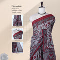 Maroon Voile cotton saree with floral vine print and decorative contrast border draped on mannequin front view showcase.