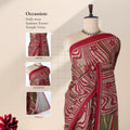 Voile cotton saree with abstract striped floral print in red and green front draped mannequin view
