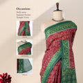 Voile cotton saree with tribal inspired print maroon body and green border front draped view on mannequin