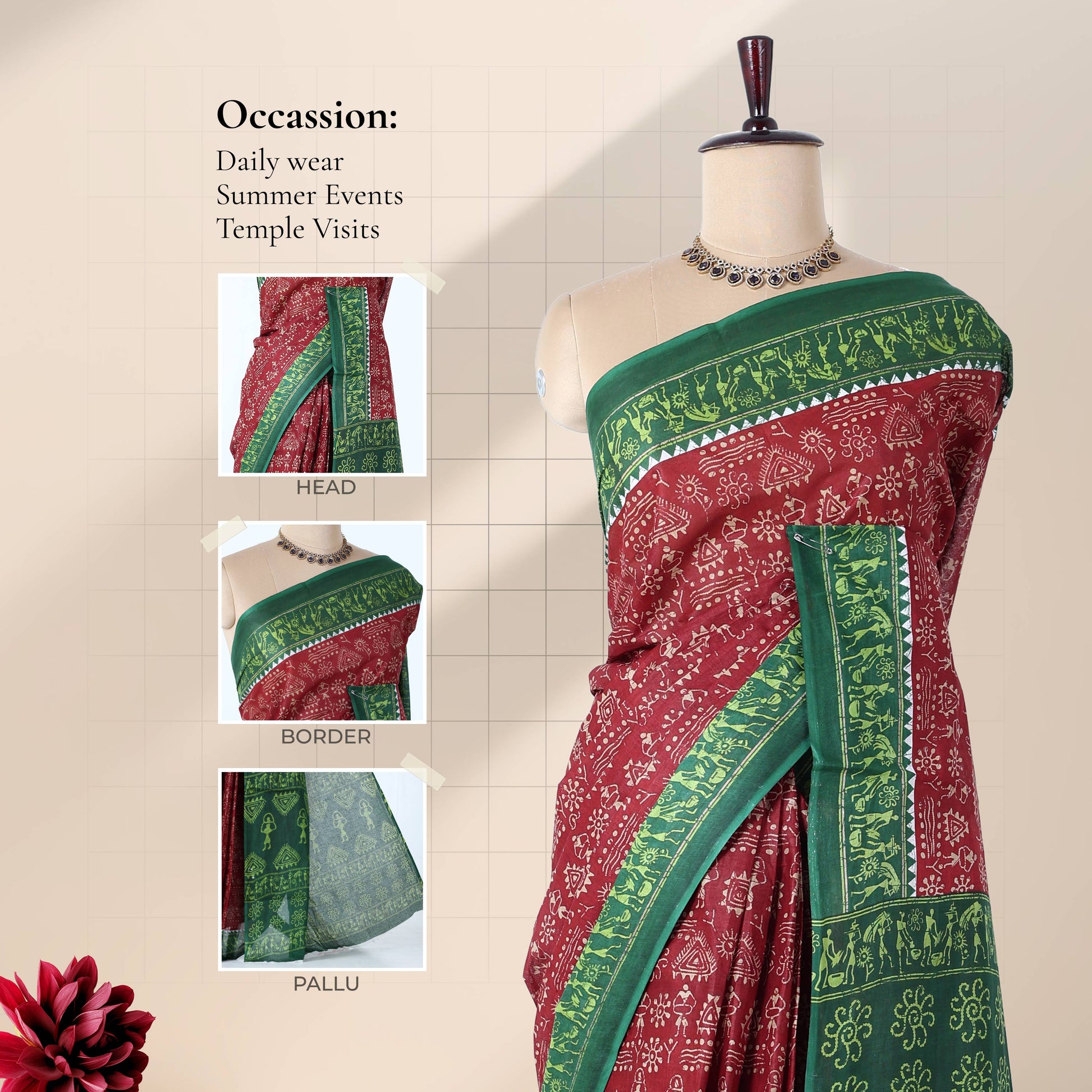 Voile cotton saree with tribal inspired print maroon body and green border front draped view on mannequin