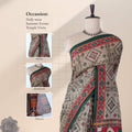 Voile cotton saree with geometric ethnic print and contrast border in olive green front drape view on mannequin