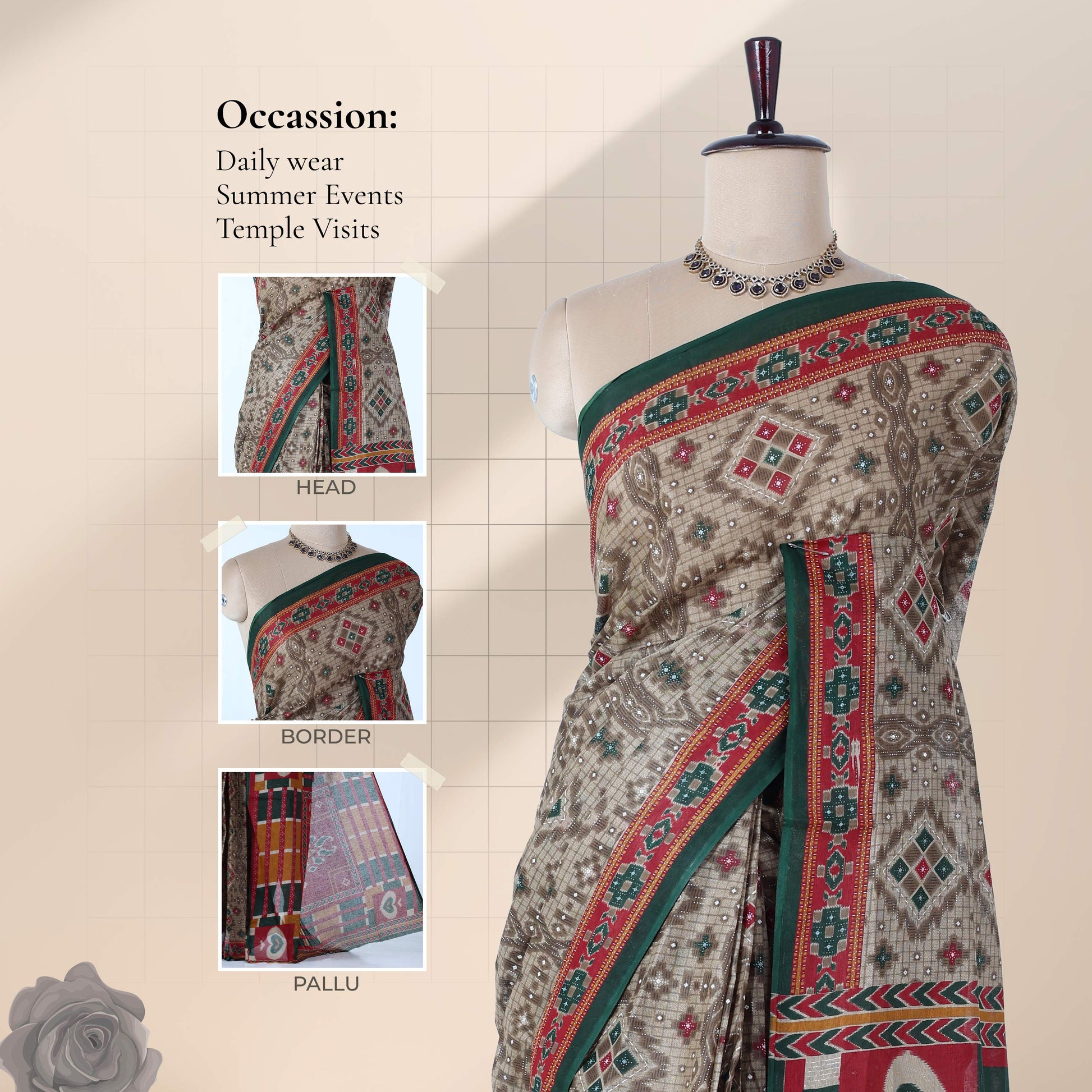 Voile cotton saree with geometric ethnic print and contrast border in olive green front drape view on mannequin