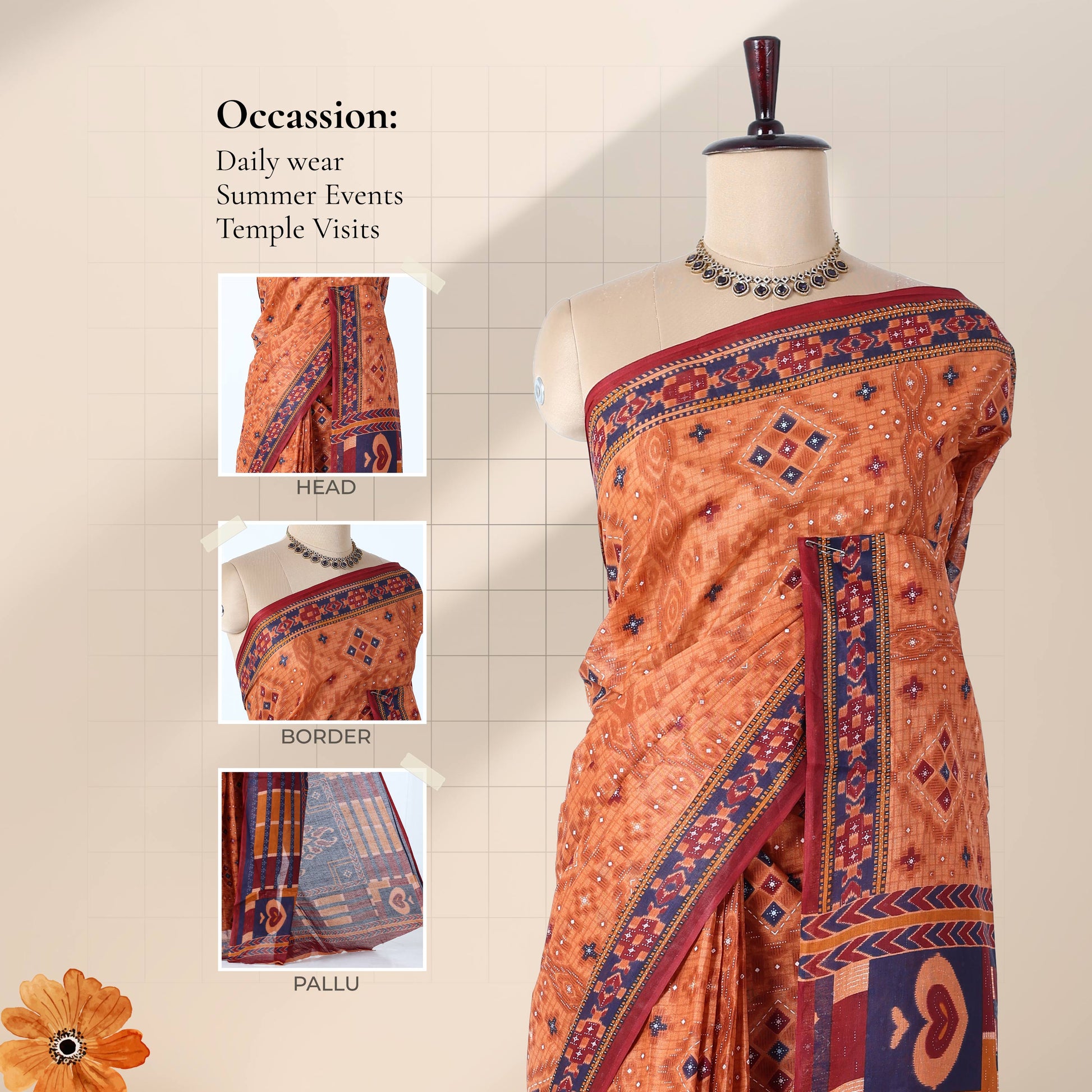 Voile cotton saree with geometric ethnic print and contrast border in rust orange front drape view on mannequin
