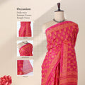 Pink voile cotton saree with floral vine butta print and ornamental border, front drape mannequin view