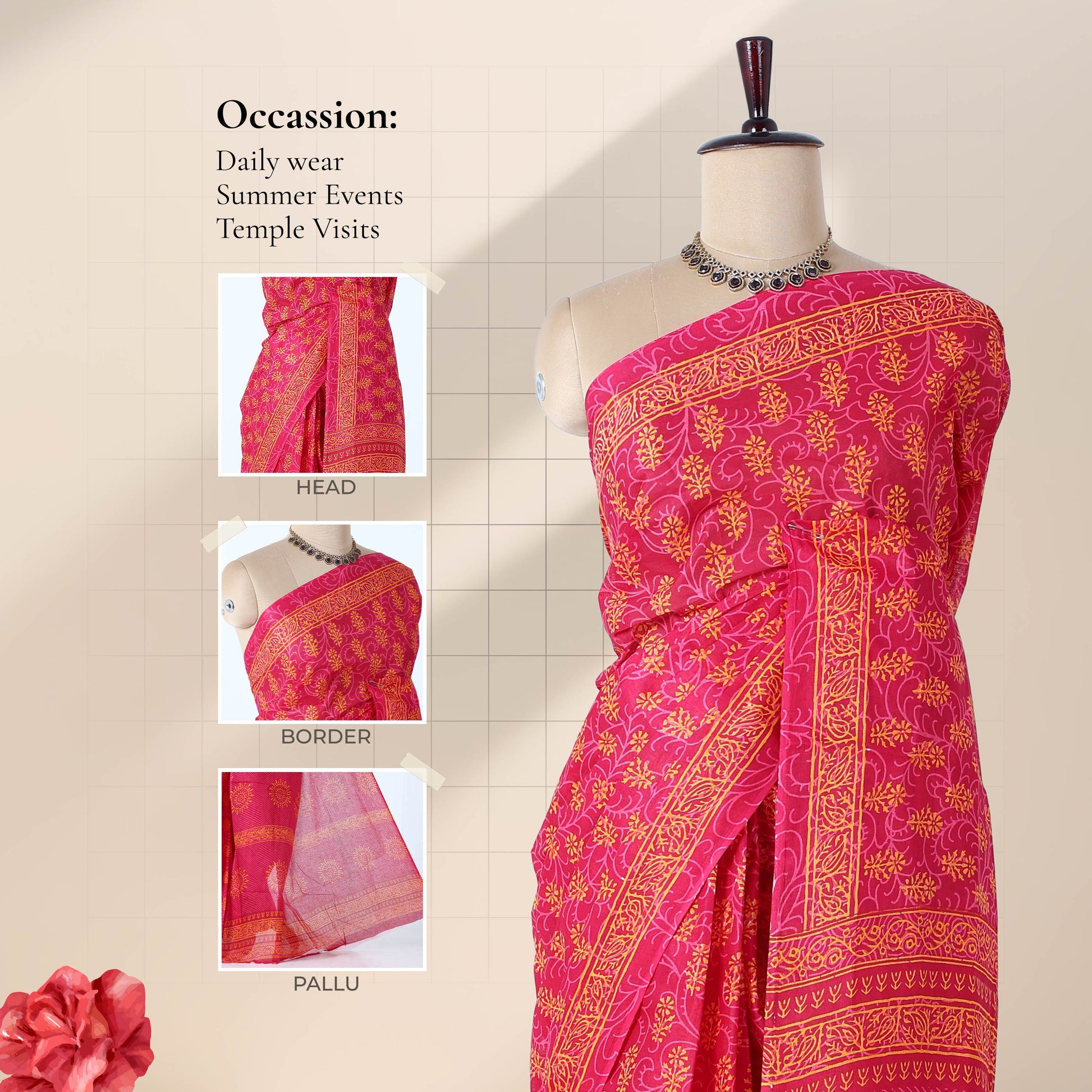 Pink voile cotton saree with floral vine butta print and ornamental border, front drape mannequin view