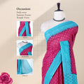 Pink voile cotton saree with floral butta woven pattern and contrast blue zari border front draped view on mannequin