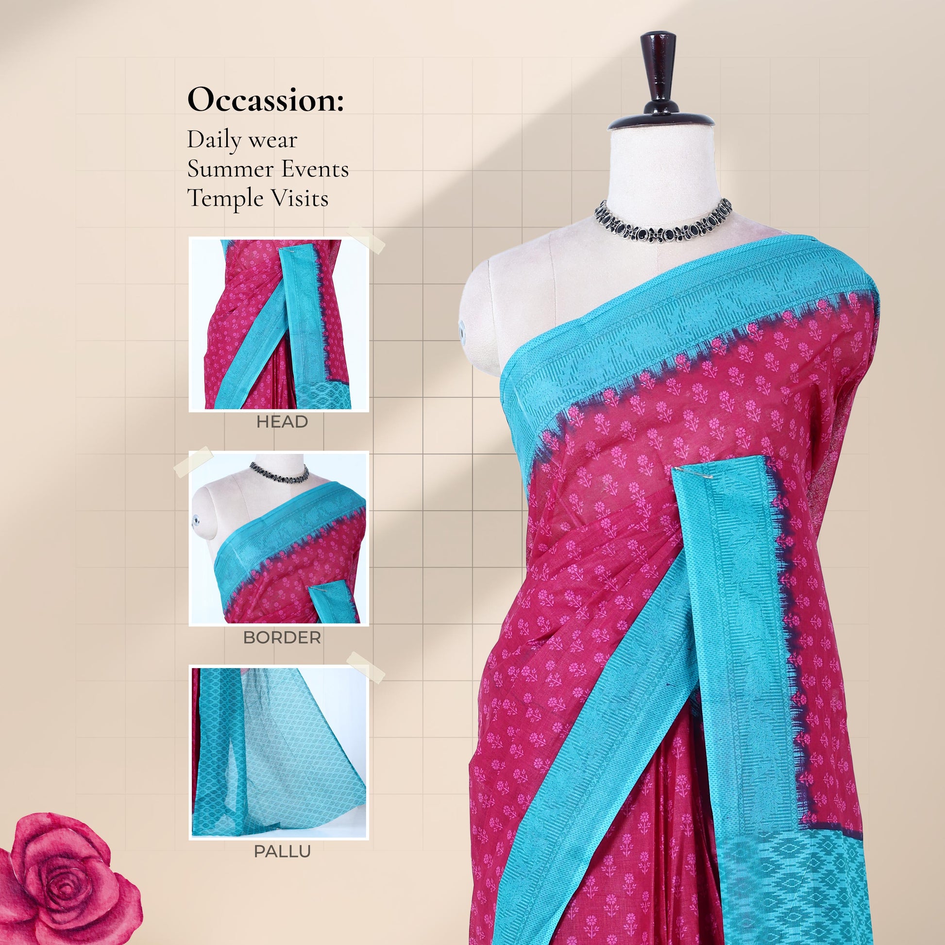 Pink voile cotton saree with floral butta woven pattern and contrast blue zari border front draped view on mannequin