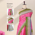 Pink voile cotton saree with ikat printed pattern and contrast chevron zari border front draped view on mannequin
