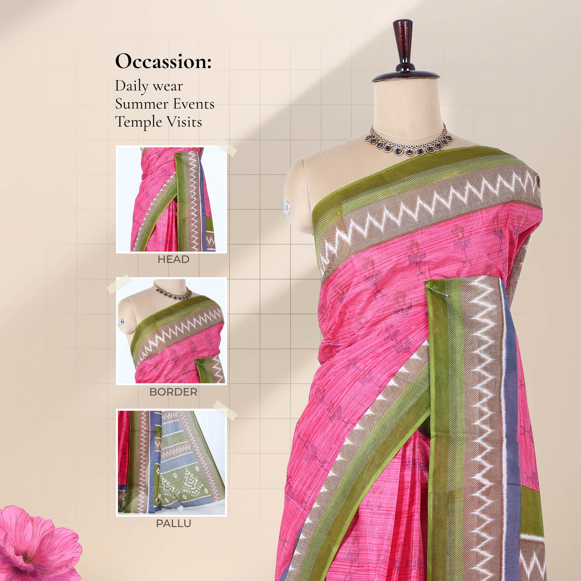Pink voile cotton saree with ikat printed pattern and contrast chevron zari border front draped view on mannequin