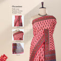 Voile cotton saree with floral motif print and contrast floral border in pink front draped mannequin view.