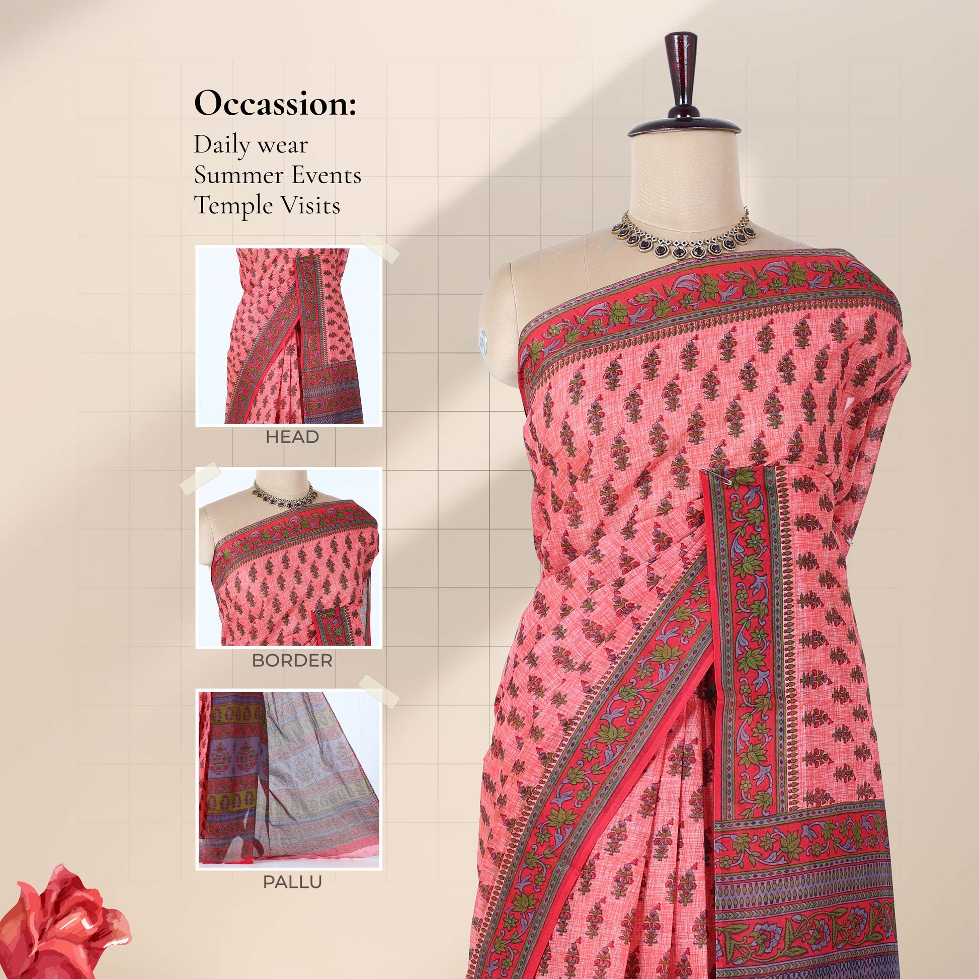 Voile cotton saree with floral motif print and contrast floral border in pink front draped mannequin view.