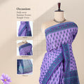 Voile cotton saree with floral motif print and contrast floral border in purple front draped mannequin view.