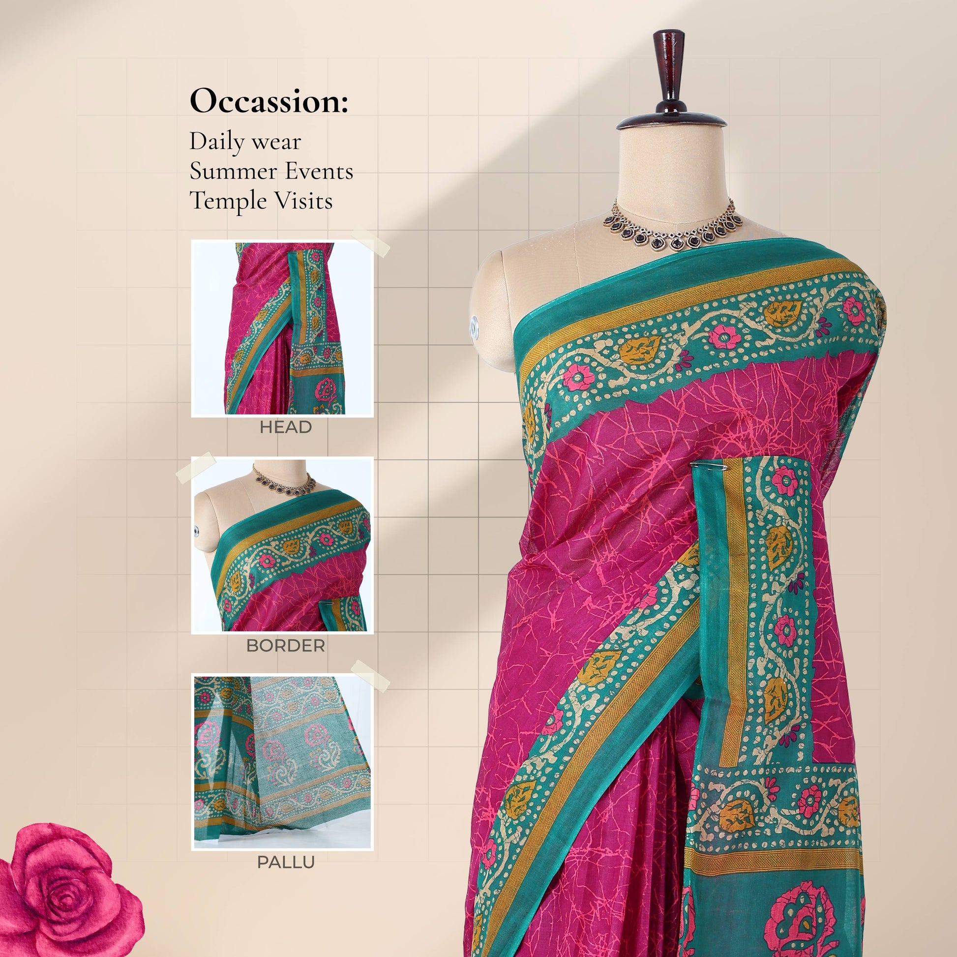 Purple voile cotton saree with abstract printed body and contrast floral zari border full front drape view