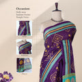 Purple voile cotton saree with Bandhani printed motifs and contrast zigzag zari border front draped mannequin view