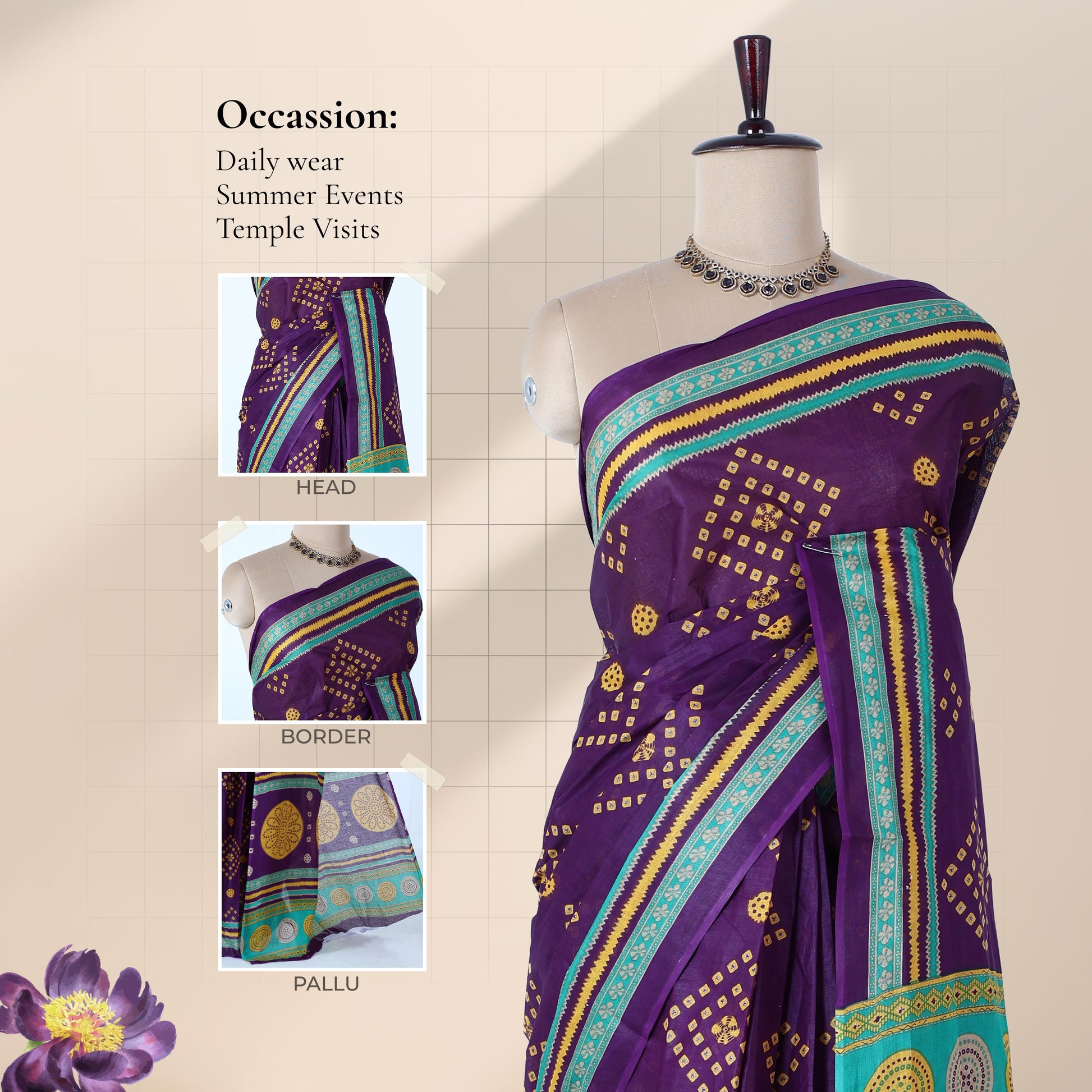 Purple voile cotton saree with Bandhani printed motifs and contrast zigzag zari border front draped mannequin view