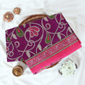 Purple Voile Cotton Saree with paisley floral print and contrast floral printed border folded top front view