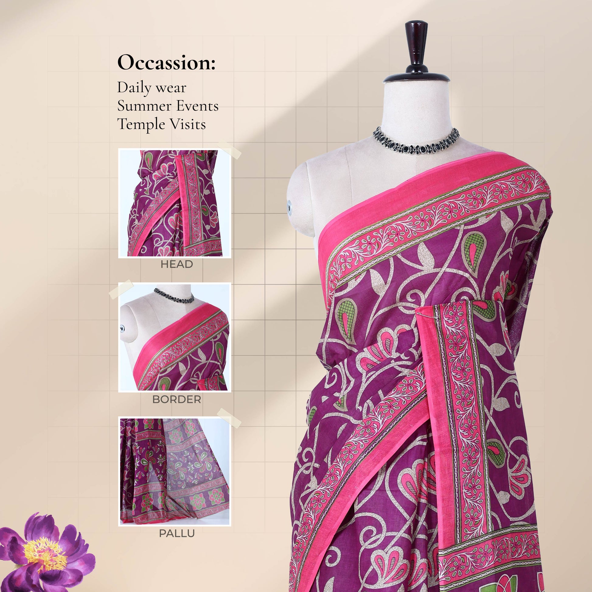 Purple voile cotton saree with paisley vine print body and floral border front draped view on mannequin.