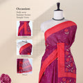 Voile cotton saree with floral motifs purple body and red woven border front drape view on mannequin