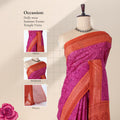 Purple Voile cotton saree with spiral floral motifs and contrast border draped on mannequin front display view.