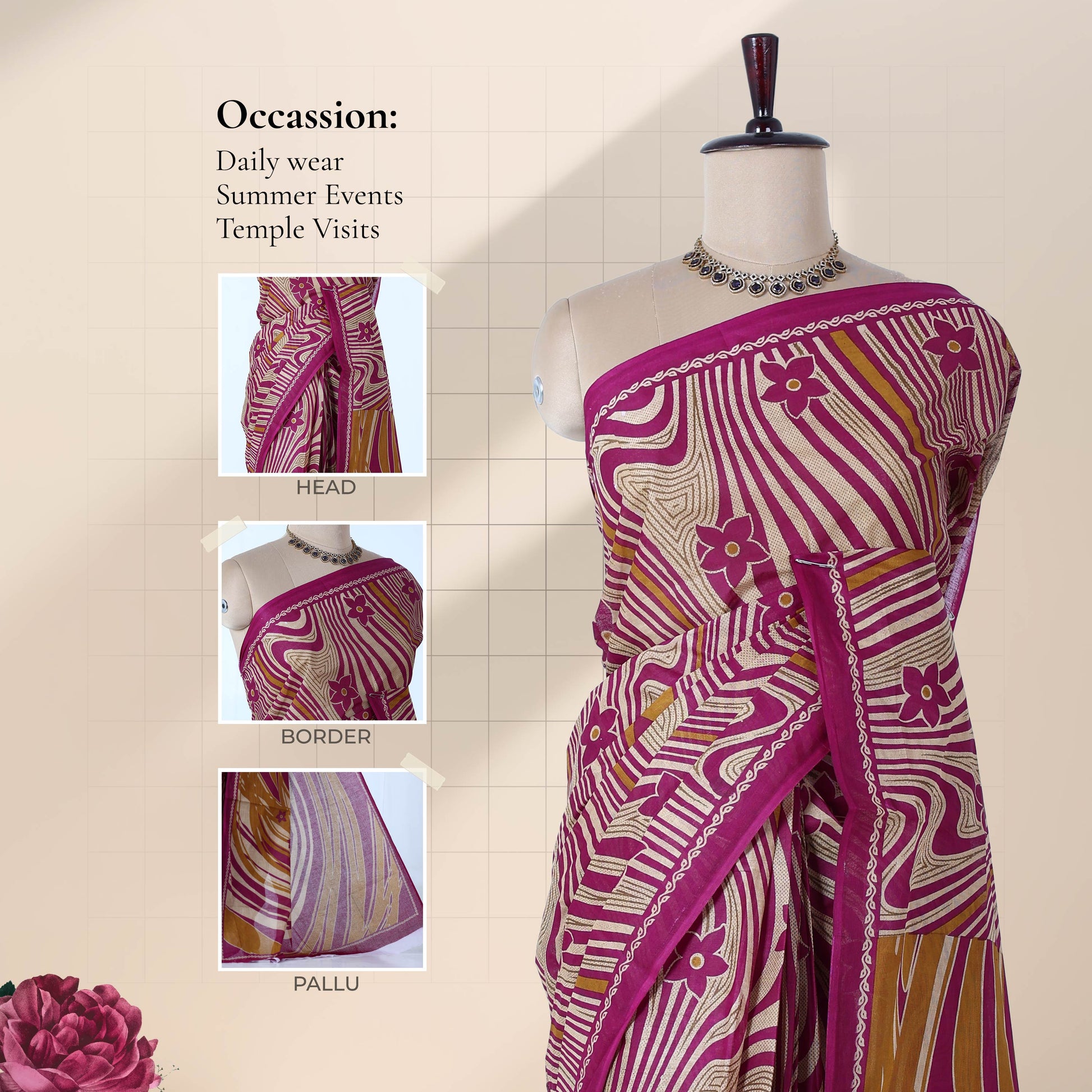 Voile cotton saree with abstract striped floral print in purple and yellow front draped mannequin view