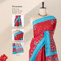 Voile cotton saree with floral motifs red body and blue woven border front drape view on mannequin