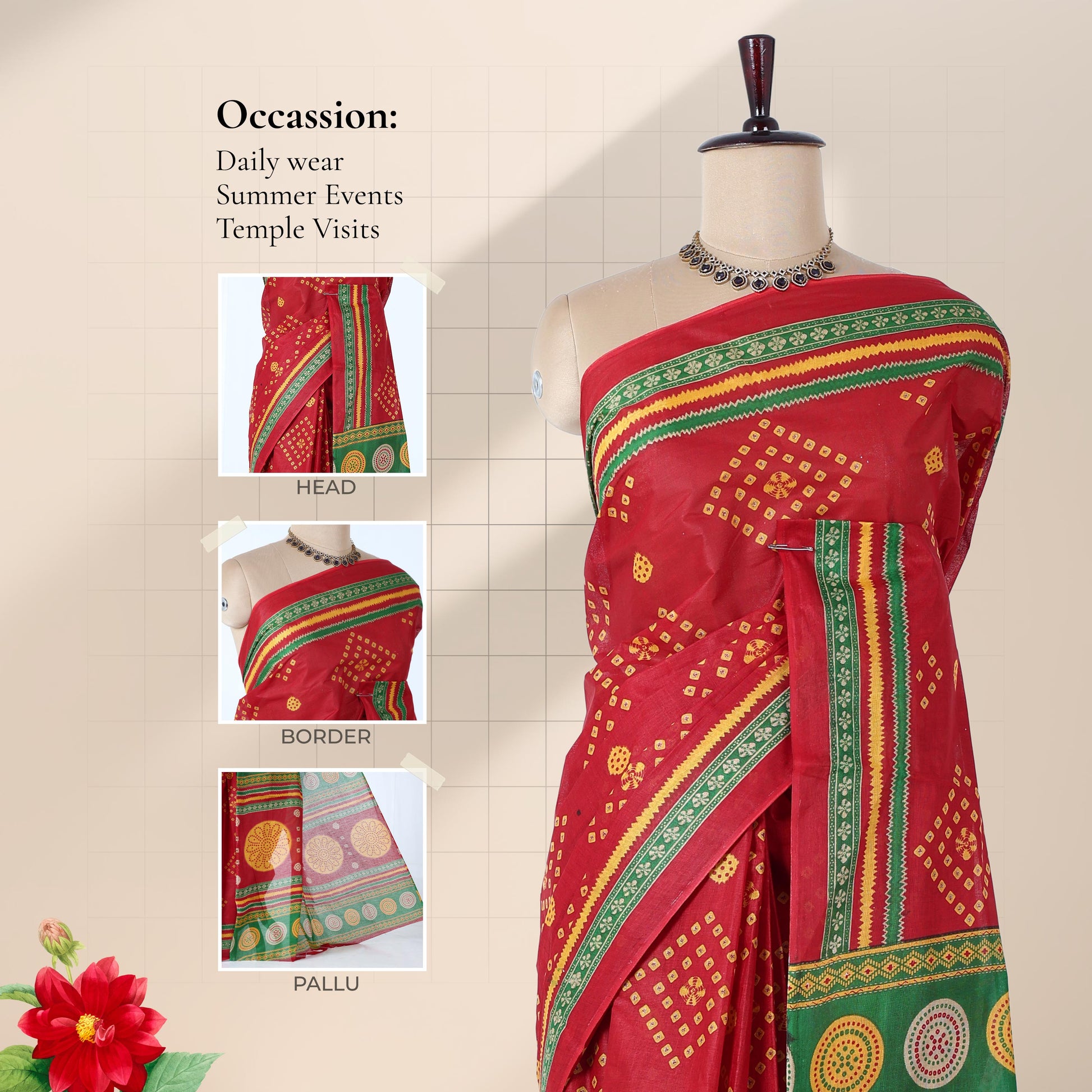 Red voile cotton saree with Bandhani printed motifs and contrast zigzag zari border front draped mannequin view