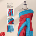 Red Voile cotton saree with spiral floral motifs and contrast border draped on mannequin front display view