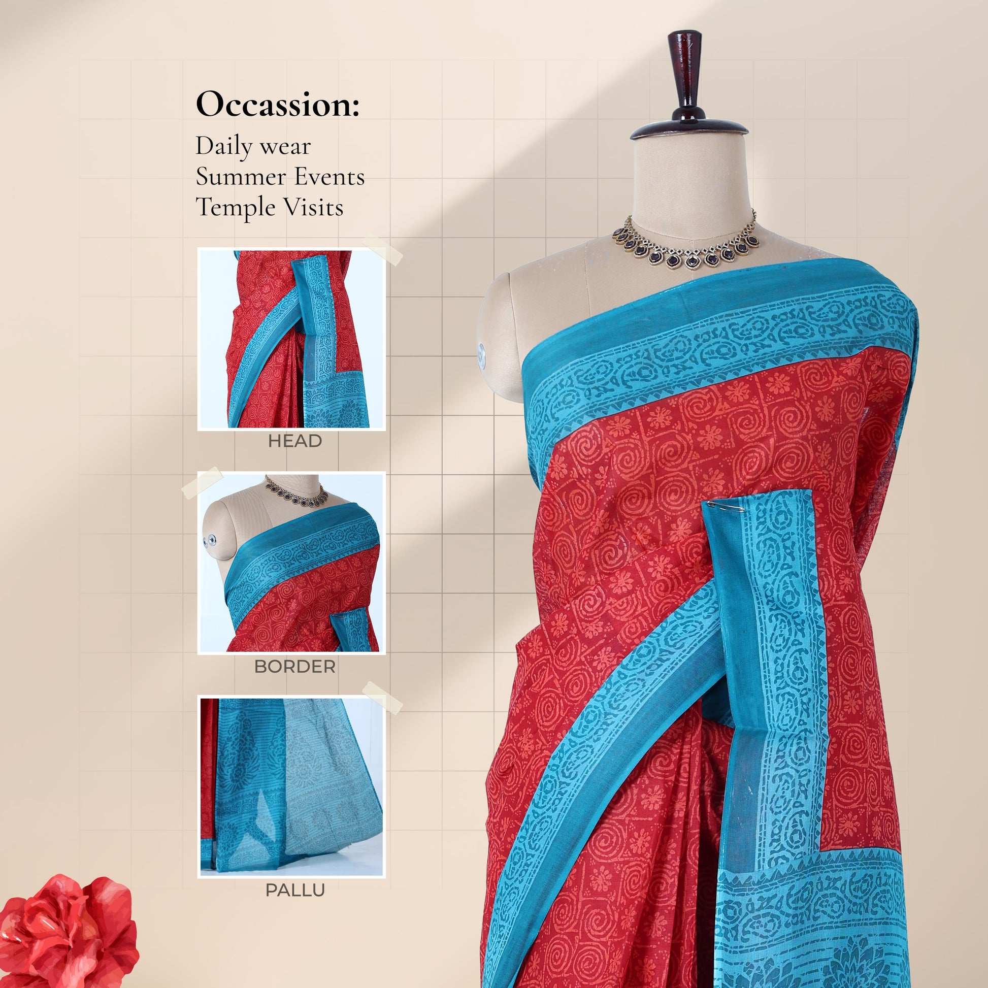Red Voile cotton saree with spiral floral motifs and contrast border draped on mannequin front display view