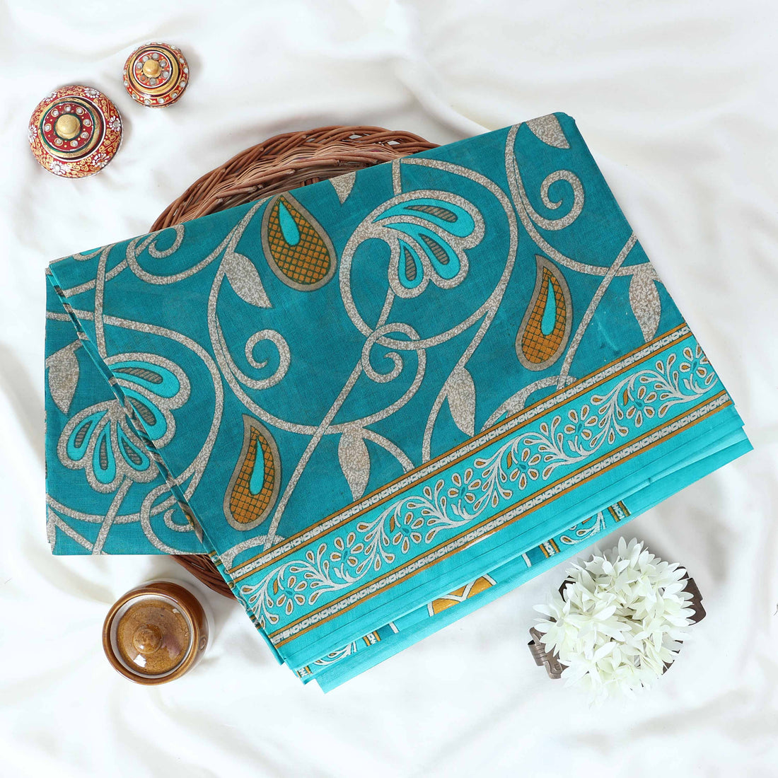 Teal Voile Cotton Sarees for Women | Daily Wear & Summer Events Collection | Jeyachandran - Full View