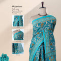 Blue voile cotton saree with paisley vine print body and floral border front draped view on mannequin.