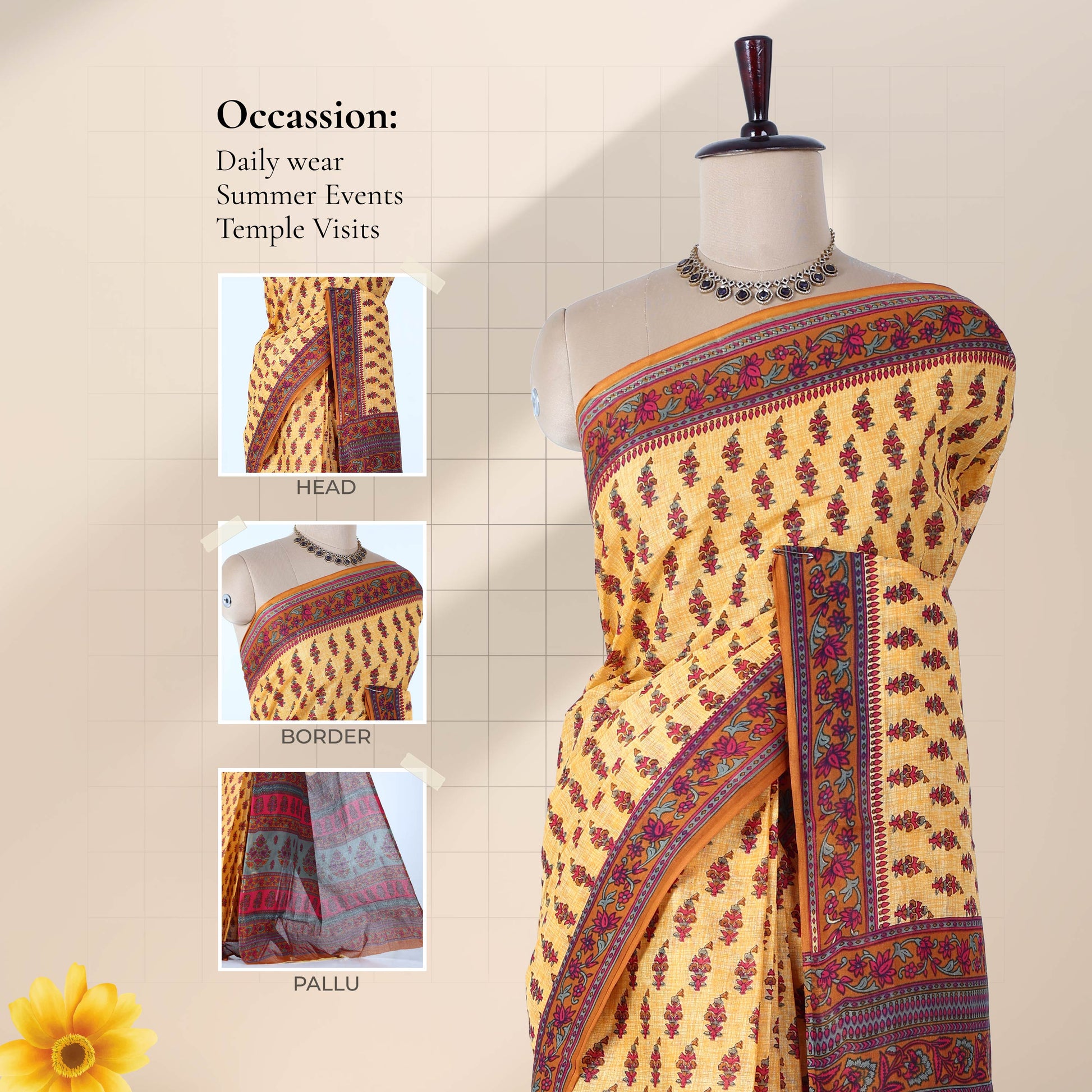 Voile cotton saree with floral border and small block print motifs in mustard yellow front draped mannequin view