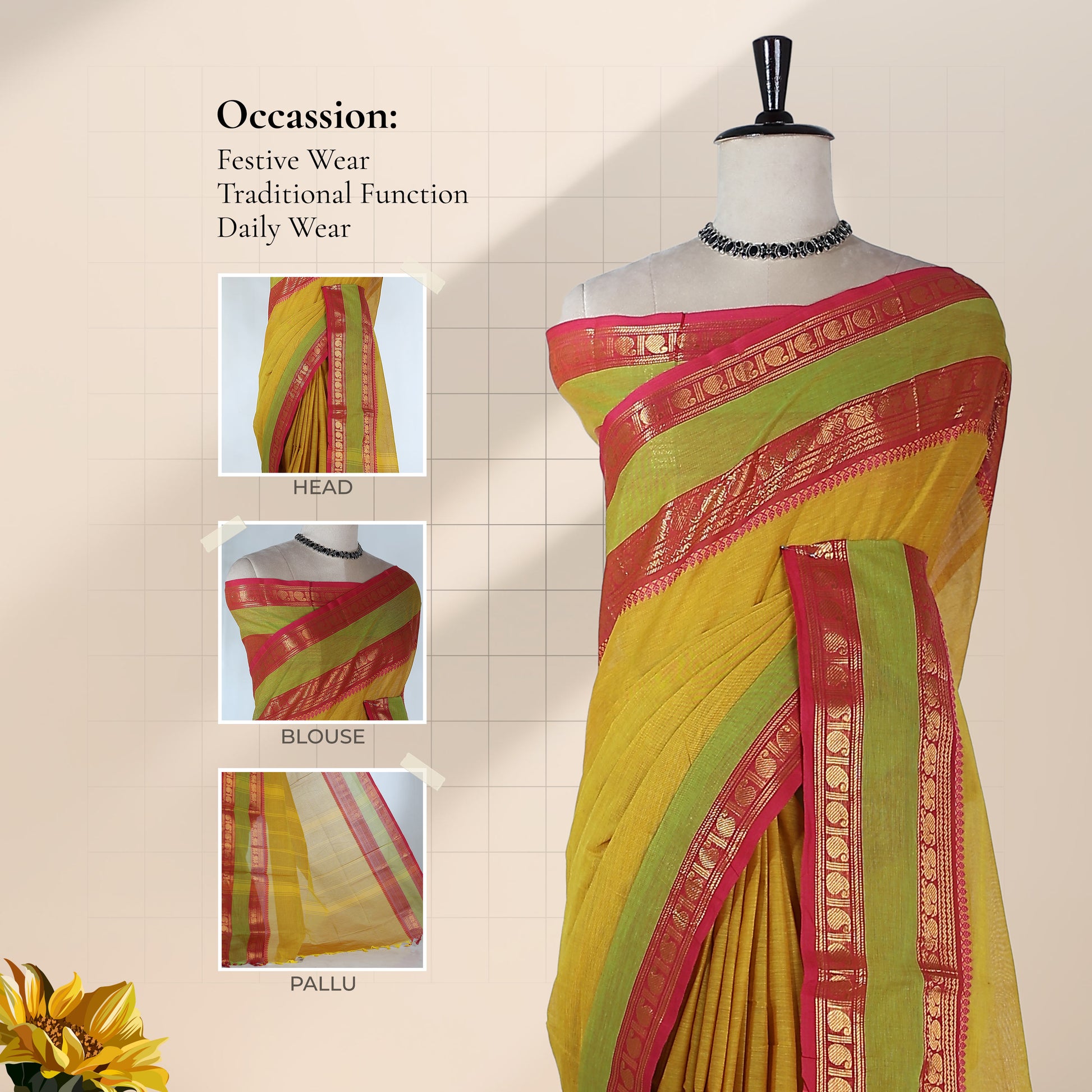 Kanchi Cotton Saree With Yellow Body Red And Green Zari Border Elegantly Draped On Mannequin Front View
