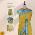 Kanchi Cotton Saree With Sky Blue Zari Border In Yellow Front View Displayed On Mannequin
