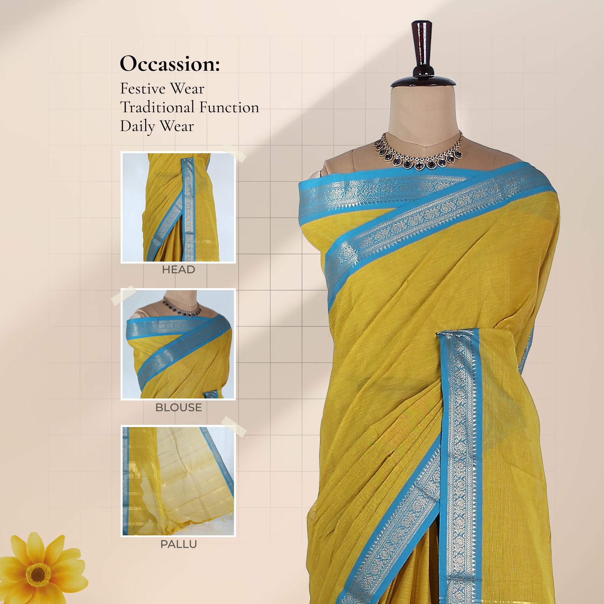 Kanchi Cotton Saree With Sky Blue Zari Border In Yellow Front View Displayed On Mannequin
