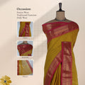 Kanchi Cotton Saree With Golden Mustard Body And Pink Zari Border Front View On Mannequin Showcasing Traditional Drape
