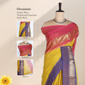 Kanchi Cotton Saree With  Yellow Body Coral Pink Pallu And Purple Zari Border Draped On Mannequin Front View
