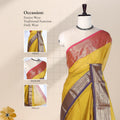 Kanchi Cotton Saree With Yellow Body Metallic Zari Border And Pink Pallu Front View Draped On Mannequin
