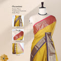Kanchi Cotton Saree With Yellow Body Metallic Zari Border And Pink Pallu Front View Draped On Mannequin
