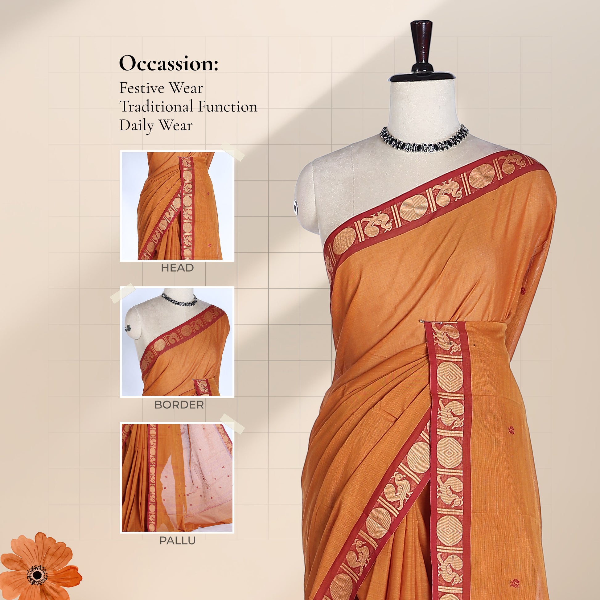 Kanchi Cotton Saree With Traditional Zari Border In Yellow And Maroon Front Draped View On Mannequin
