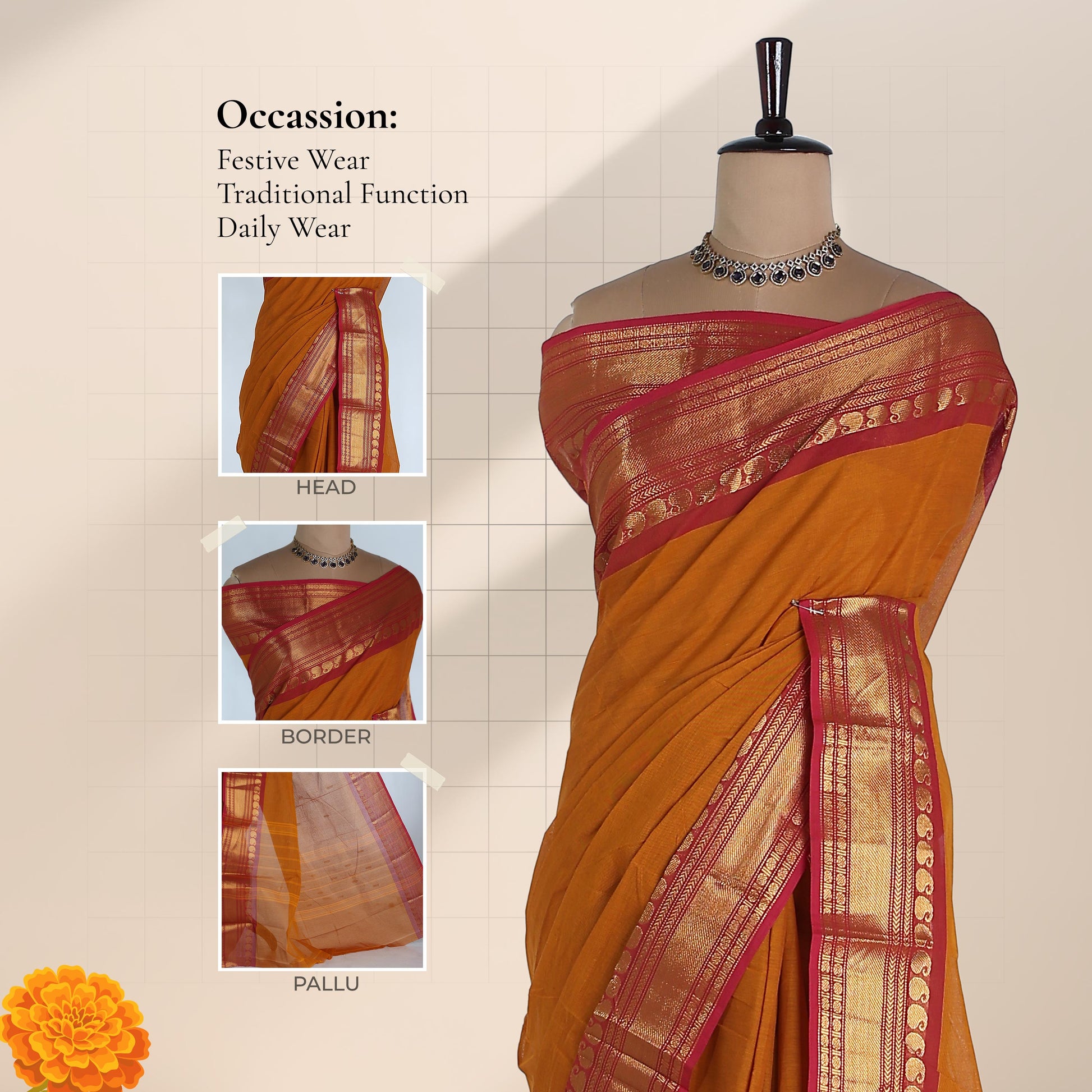 Kanchi Cotton Saree With Gold Zari Border In Yellow And Pink Draped On A Mannequin Front View
