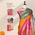 Kanchi Cotton Saree With Yellow Body Pink Zari Border And Green Pallu Draped On Mannequin Front View
