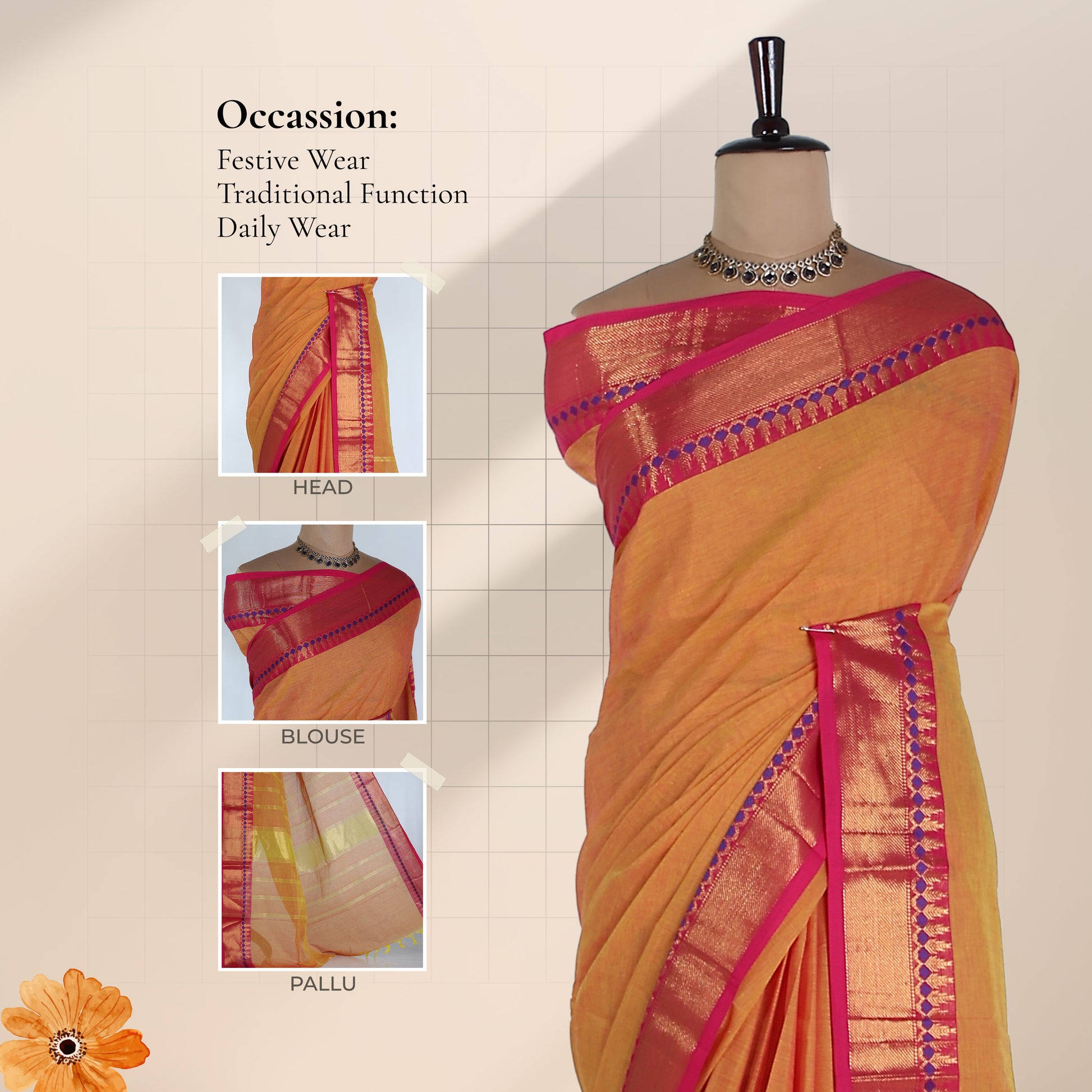 Kanchi Cotton Saree With Zari Border In Yellow And Pink Elegant Traditional Drape Front View On Mannequin
