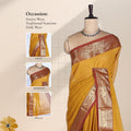 Kanchi Cotton Saree With Zari Border In Yellow And Maroon Elegantly Draped On Mannequin Front View
