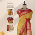 Chettinad cotton saree with zari border in yellow and magenta front draped view with close up detail