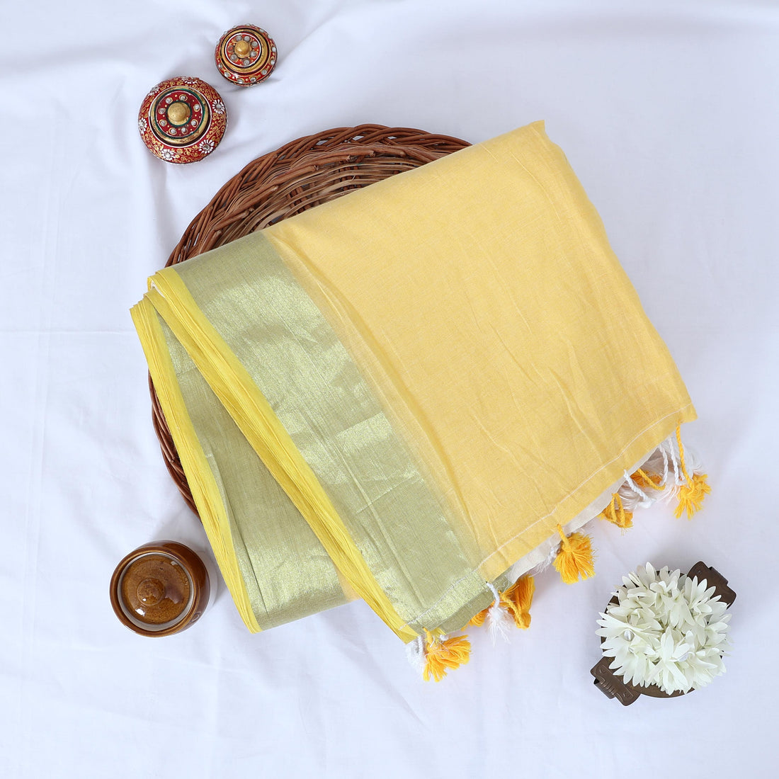 Yellow Mul Mul Cotton Saree for Women | Daily Office Collection | Jeyachandran - Full View