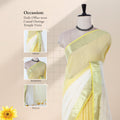 Mul Mul cotton saree with yellow body gold zari border and white drape front mannequin view with styling details
