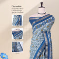 Grey Dola silk saree with geometric ethnic print and floral woven border front view on mannequin with pallu.